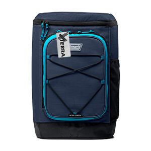 Coleman Xpand 30-Can Soft-Sided Backpack Cooler - dark blue with decorated metal placard