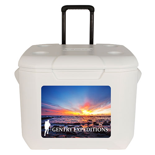 Coleman 60 Qt Wheeled Cooler with Telescoping Handle and full color direct imprint